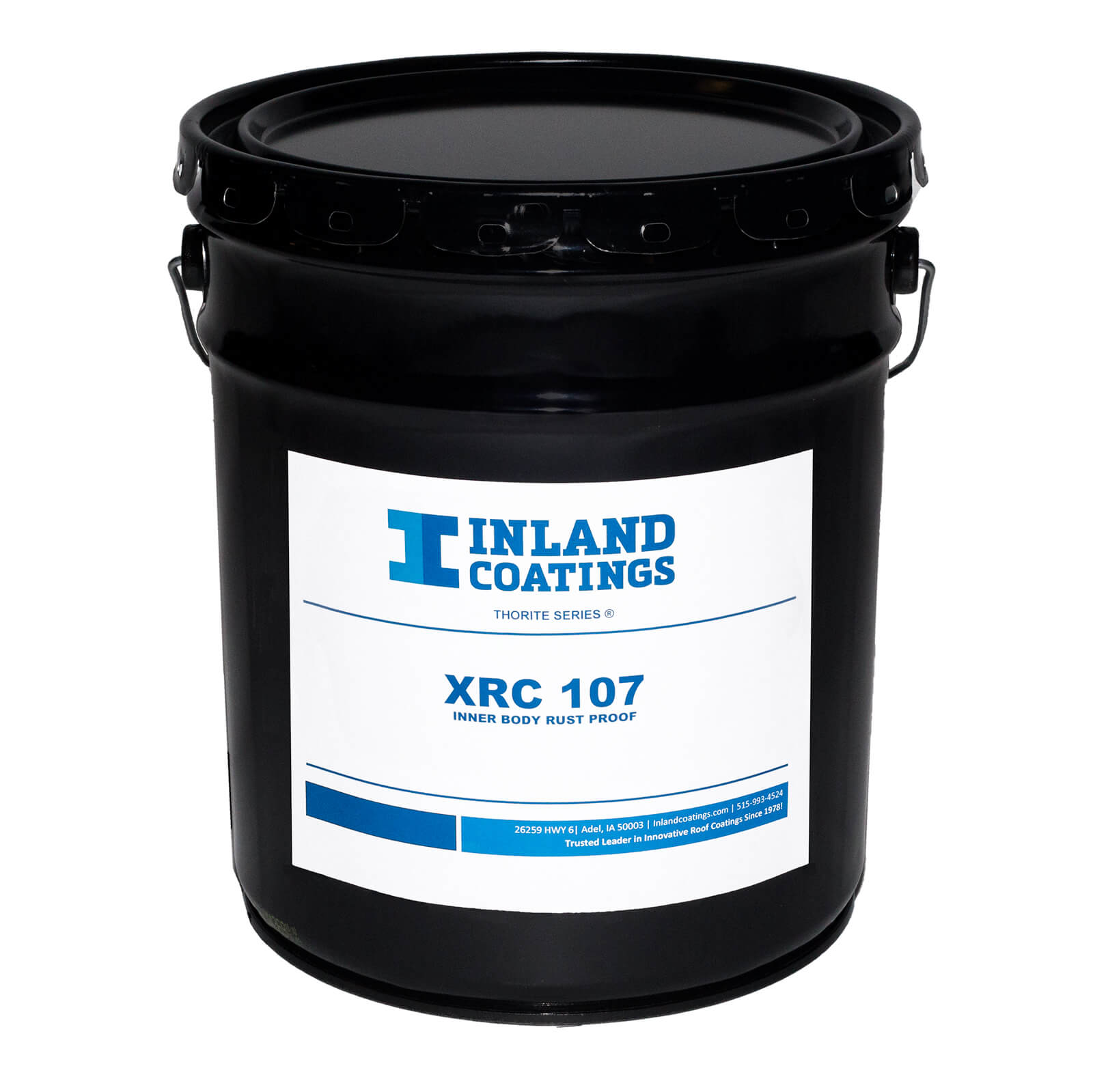 A bucket of Inland's XRC-107 Thorite Series Inner Body Rust Proof product.
