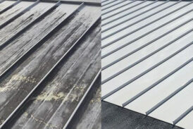 A before and after photo of a power-washed and then coated roof.